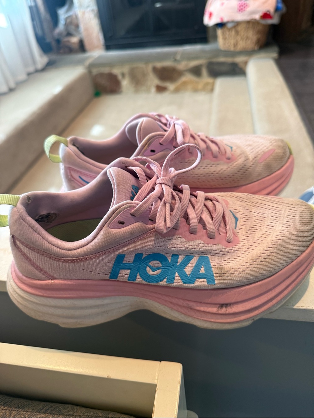 Hoka Women's Light Pink Athletic Running Shoes with Blue Logo